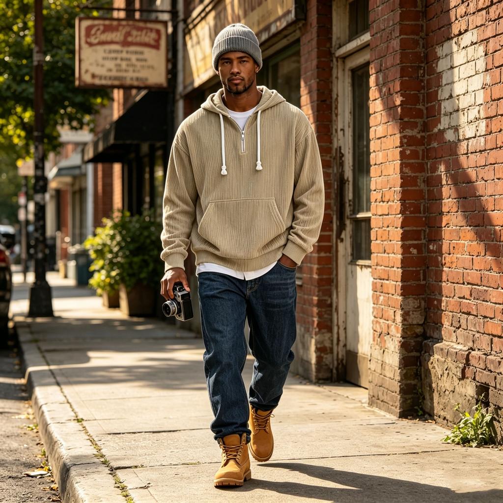 Men's Corduroy Long Sleeve Hoodie Color Casual Pullover