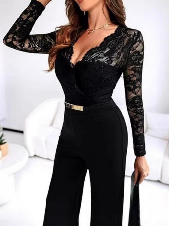 Women's Lace Patchwork Long Sleeve Jumpsuit with Belt and Wide-Leg Pants