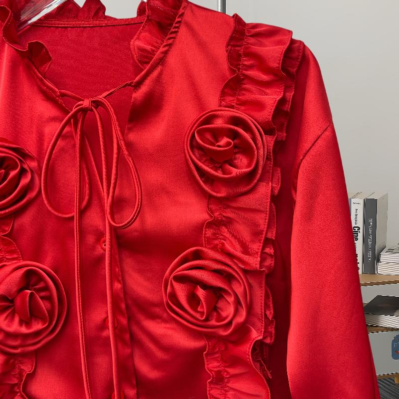 Fashion New Long Sleeve Loose Casual Shirt Women Elegant Solid Single Breasted Flowers Blouse Women Top Vintage Polo Collar Office Ladies Shirts 25807