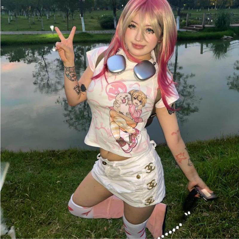Kawaii Y2k Harajuku T-shirt Japanese Style Sexy Pink Crop Tops Slim Up Coquette Streetwear Casual Cutecore Summer Tees