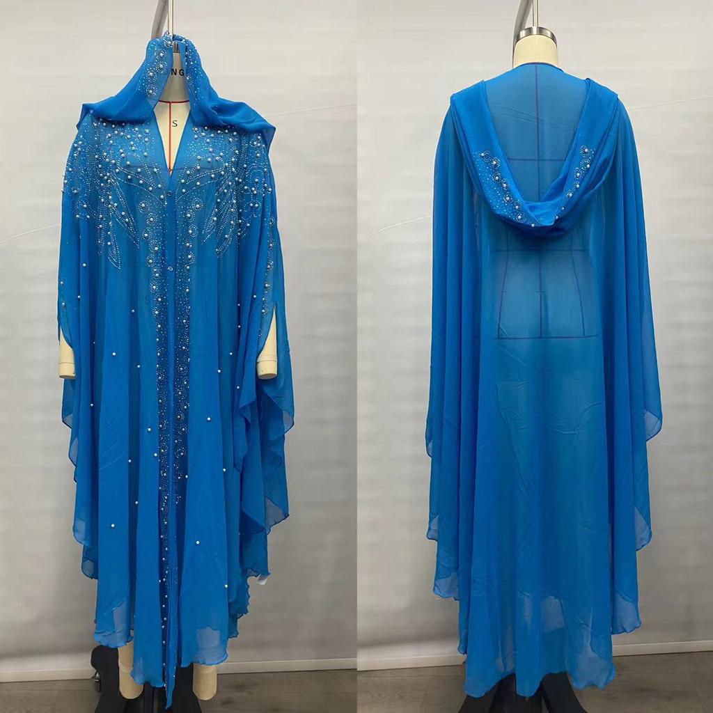 Womne Muslim Dress Embroidered Beads Abaya Dress Muslimah Hooded Robe Chiffon Kaftan Long Dress Middle East Africa Plus Size Maxi Dress