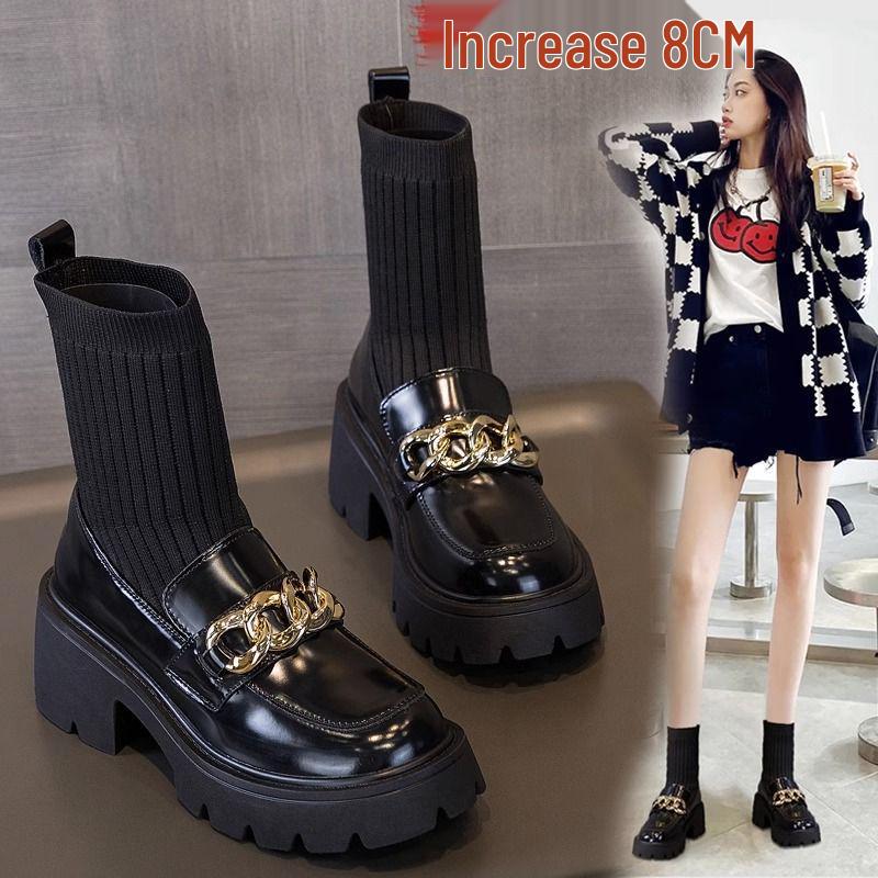 Women's Spring 2025 Chunky Heel Ankle Boots - British Style, Elastic Slimming, Hidden Heel, Sock Boot Design, Suitable for Autumn.