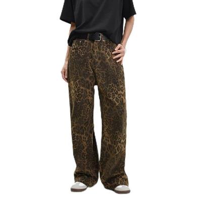 Jeans de Mezclilla Estampado de Leopardo Vintage para Mujer Pierna Recta Sueltos Pantalones Anchos Casual Streetwear