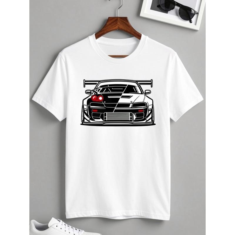 Men'S T-Shirt Featuring a Printed Racing Car Graphic - White with a Sleek Black Sports Car Design, Made from Heavyweight Fabric, Retro Sporty Style