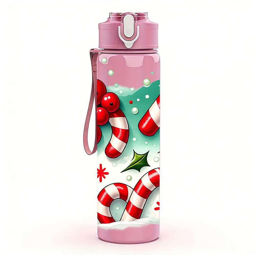 1PC Candy Cane Christmas Festive Heart 750ml Color Plastic Sports Water Bottle Leakproof Flip Straw Lid Suitable for Sports Office Home Use