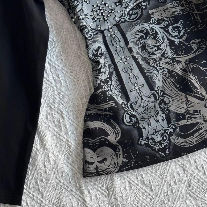 Y2K Gothic black printed women's retro spring V-neck long sleeved waist slimming top