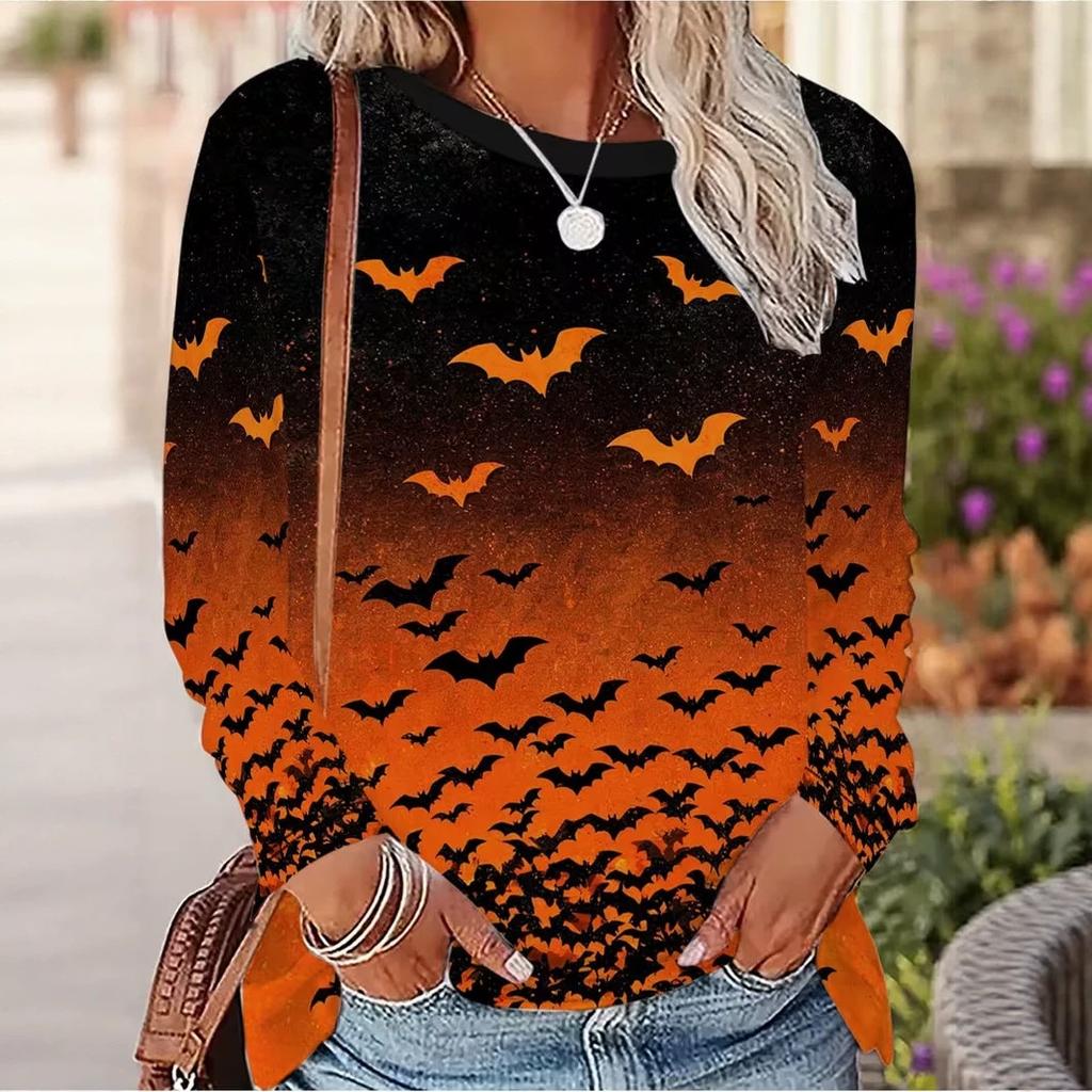 Damen Langarm T-Shirt mit Rundhalsausschnitt und 3D-Druck für Herbst und Winter Halloween