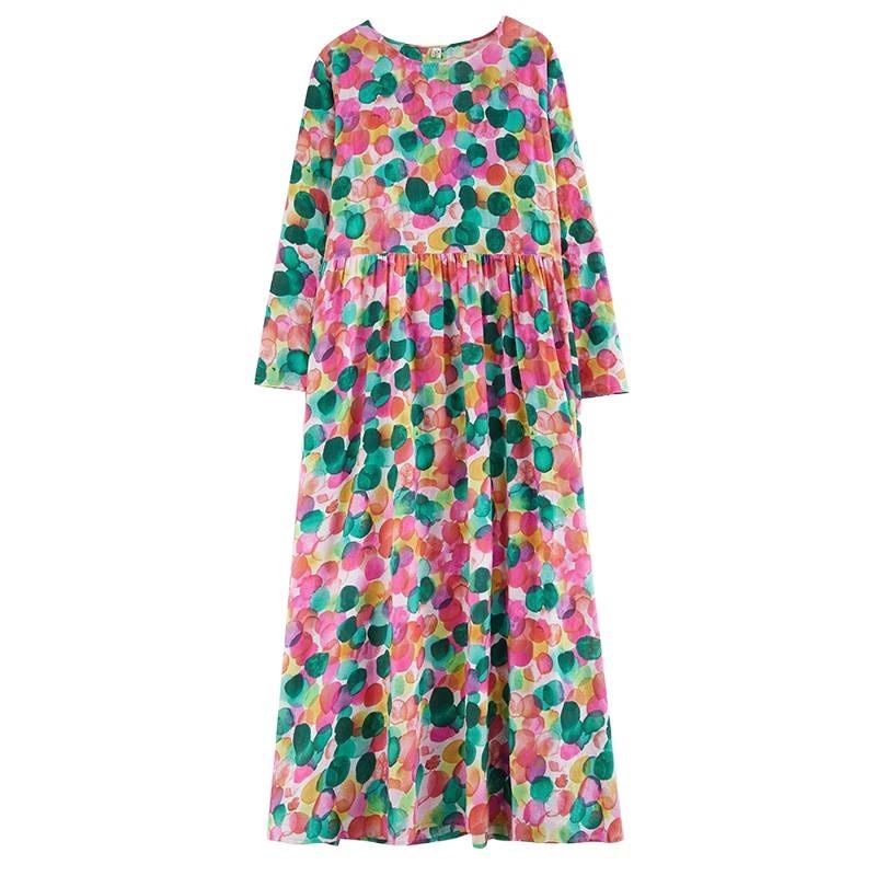 Johnature Frau Frühling O-Ausschnitt Vintage Stil Langarm Kleid Nischendruck Lose Casual Retro Kleid