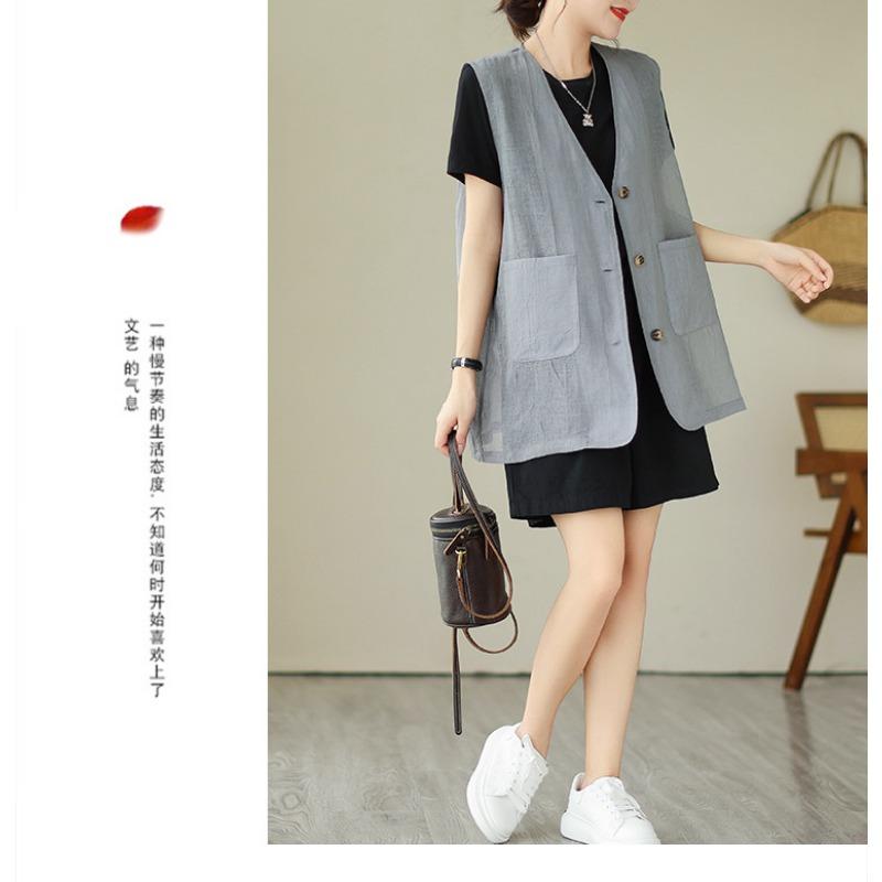 Women Plus Size Linen Blend Sleeveless Vest Open Front V Neck Top