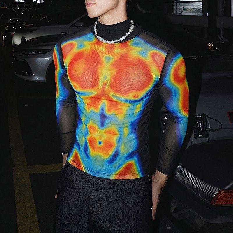 INCERUN Men Long Sleeve Mesh Sheer See Through Print Party Fitted T-shirts Tops