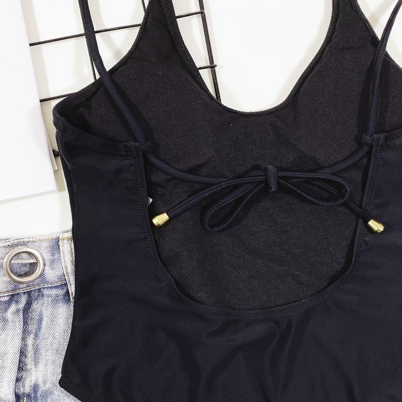 Damskie Bikini Jednokolorowe Panie Jednoczęściowy Strój Kąpielowy Wiązany na Plecach Strój Kąpielowy Czarny