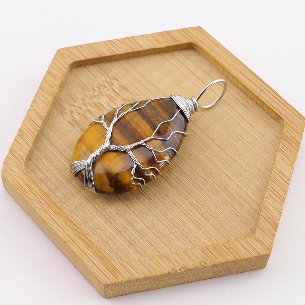 Natural Stone Agate Water Drop Tree of Life Pendant Necklace
