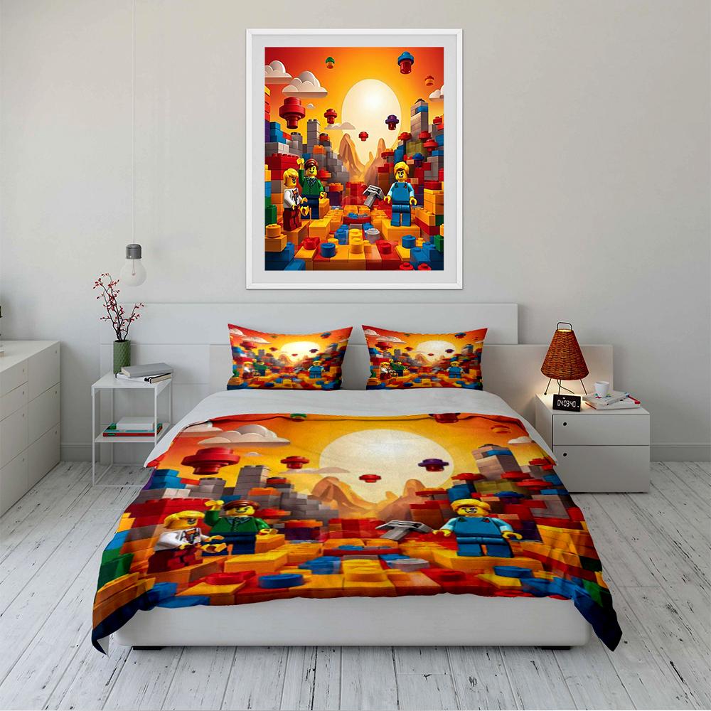 Colorful Brick World with Toy Figures Design Bedding Set (1 Duvet Cover, 2 Pillowcases, Duvet Not Included)