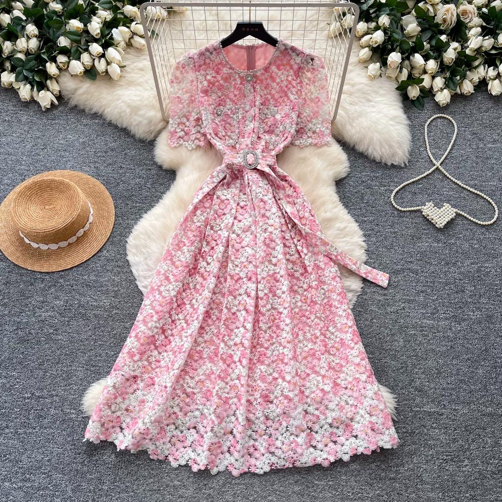 Elegant Beaded Short Sleeve Flower Lace Dress Women's Formal Evening Embroidery Crochet Hollow Out Long Party Dress