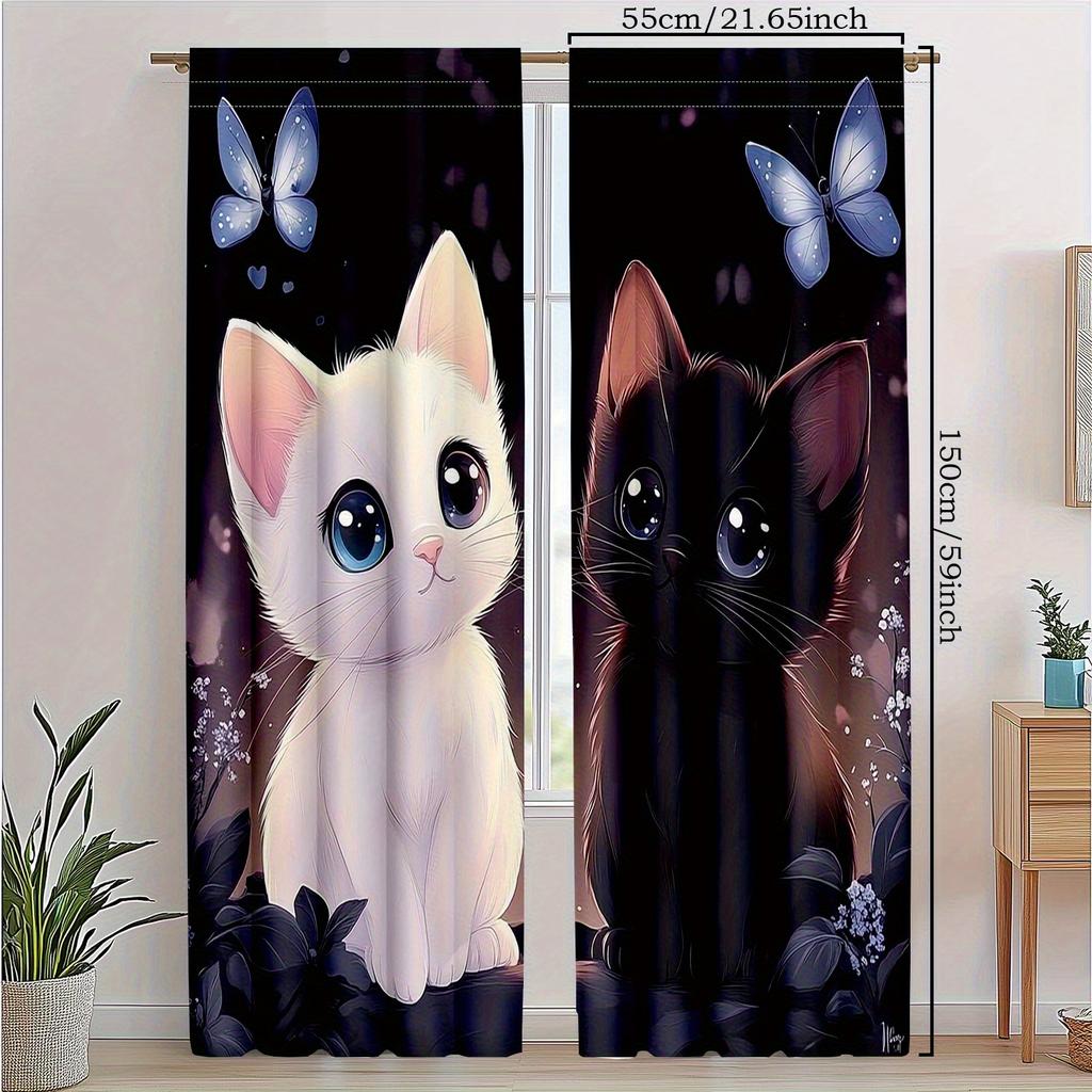 2 Panels Cute Cat Print Curtains Butterfly Animal Drapes Polyester Kids Room Living Room Home Decor