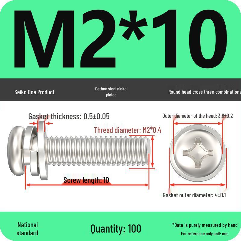 Nickel-Plated Phillips Pan Head Screw with Washer, M2-M6 Thread