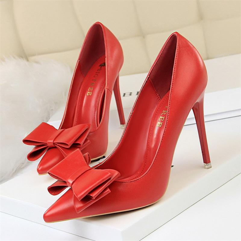 Fashion Sweet Women High Heel Shoes Blue Yellow Shallow Mouth Pointed Toe Butterfly Knot Leather Wedding Party Event Pumps