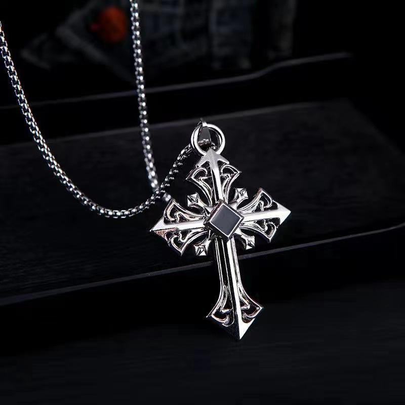Fashion Personality Hollowed Out Pattern Red Gemstone Cross Pendant Necklace for Men Women Gothic Punk Halloween Jewelry Gifts