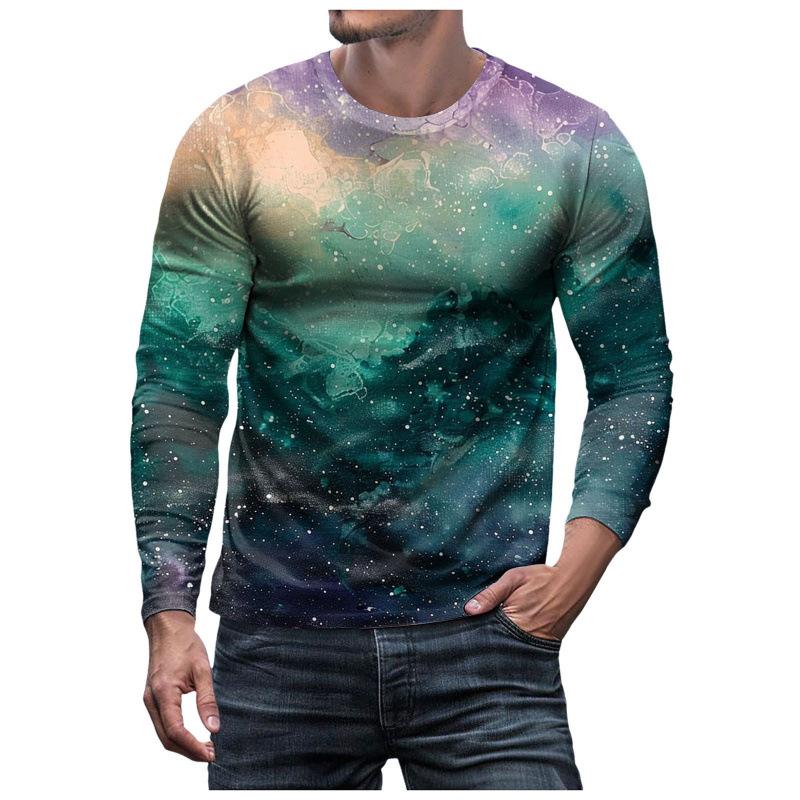 3D Brilliant Starry Sky Printed Top Casual Long Sleeved Men's T-shirts - Soft Medium Stretch Polyester Fabric Spring and Autumn Relaxed Fit Clothing