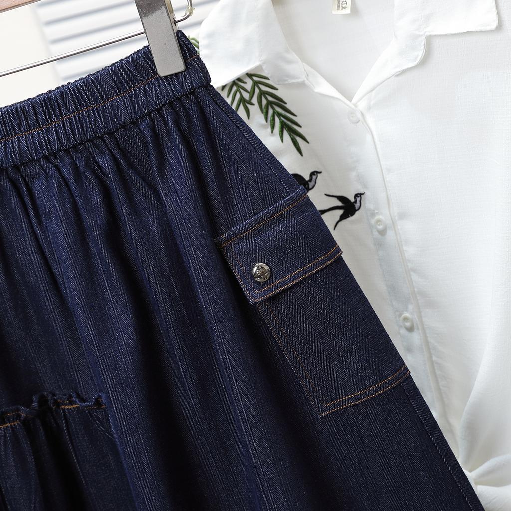 DIMANAF Plus Size Summer Denim Skirts Women Elastic Casual Fashion A-Line Jeans Skirt High Waist Maxi