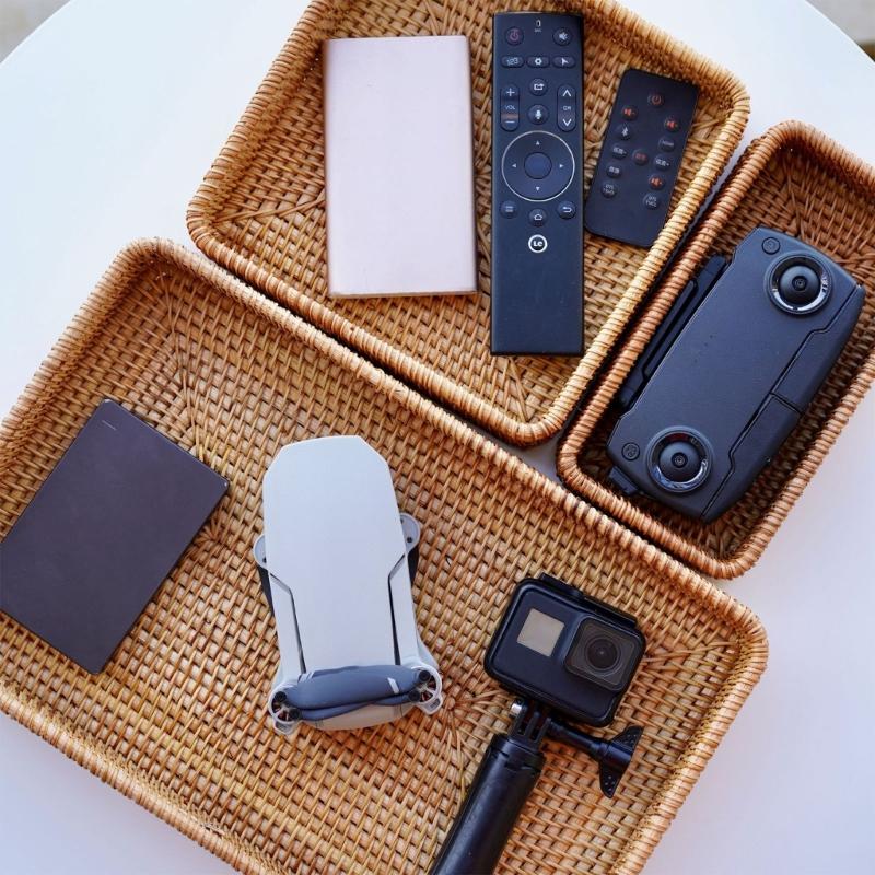 Natural Fiber Rattan Trays Set of 3 Rectangular Storage Baskets Handwoven Organizers for Coffee Table Bathroom Counter Decors