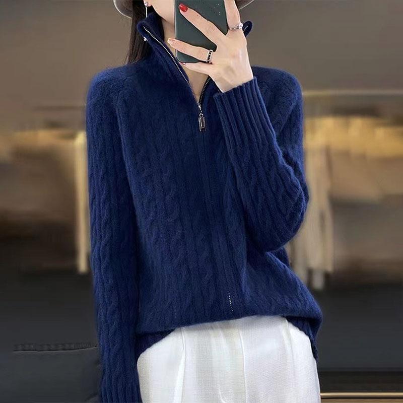 Autumn Winter Women's Stand Collar Cardigan Sweater Zipper Cable Knit Sweater Loose Solid Color Knitted Cardigan Jacket Outerwear