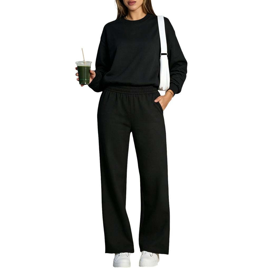 Felpa con Collo Colorato da Donna e Pantaloni Larghi Casual Set da 2 Pezzi