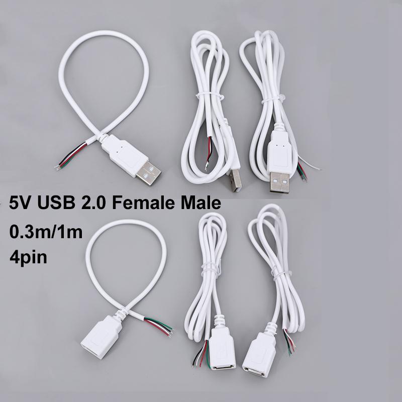 5V USB 2.0 Female Male 4Pin Wire Power Supply Cable Jack Charging Extension Connector white 0.3m 1m for computer accessories