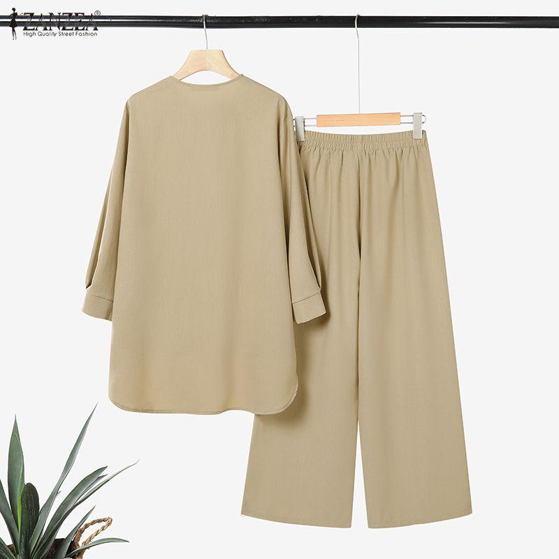 ZANZEA Women Long Sleeve Blouse and Pants Muslim Casual Two Piece Suit Sets