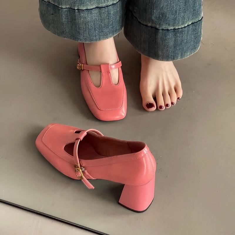 Retro fashion high heels women's square head Mary Jane shoes summer new shoes buckle thick heel light mouth middle heel shoes single shoes