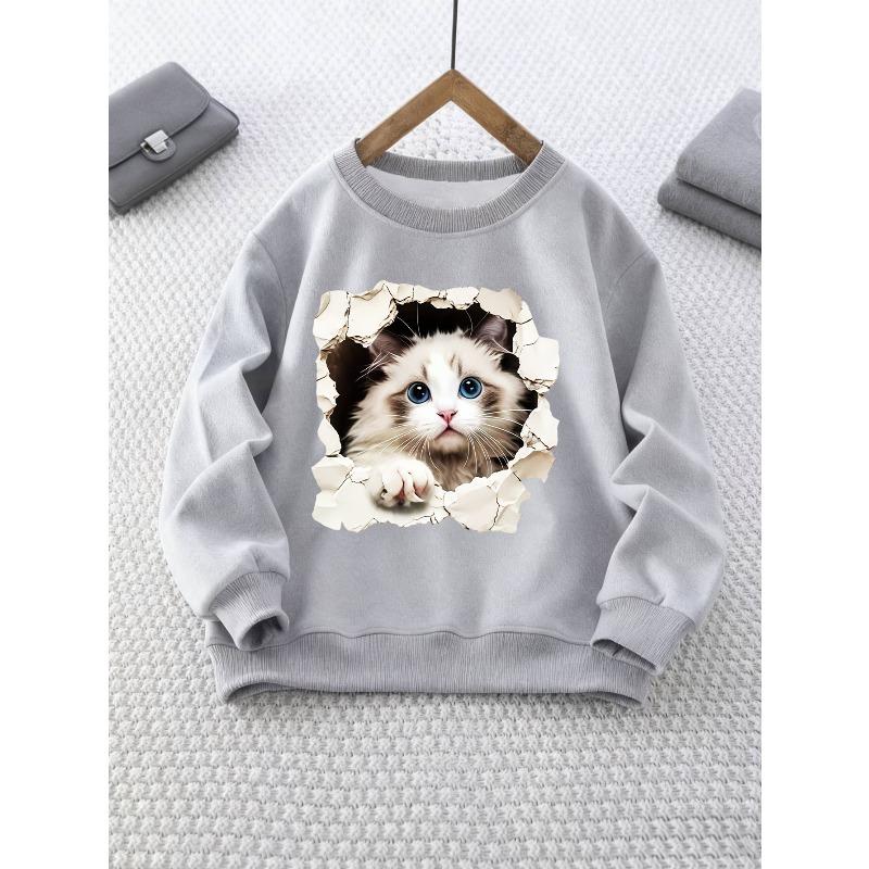 Girls' Crew Neck Sweatshirt | Random Print Cat Hole Long Sleeve Top, Casual Style, Perfect for Fall/Winter