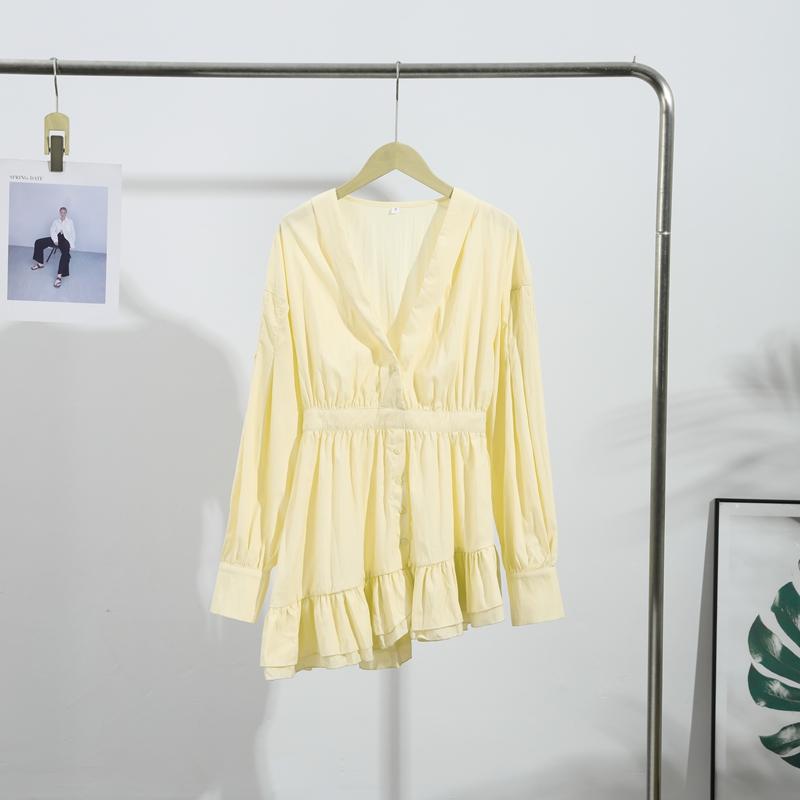 Casual Shirt Mini Dress Women Loose V-neck Buttons Dresses Lady Full Sleeve Spring Summer Above Knee Solid Robe Woman Streetwear