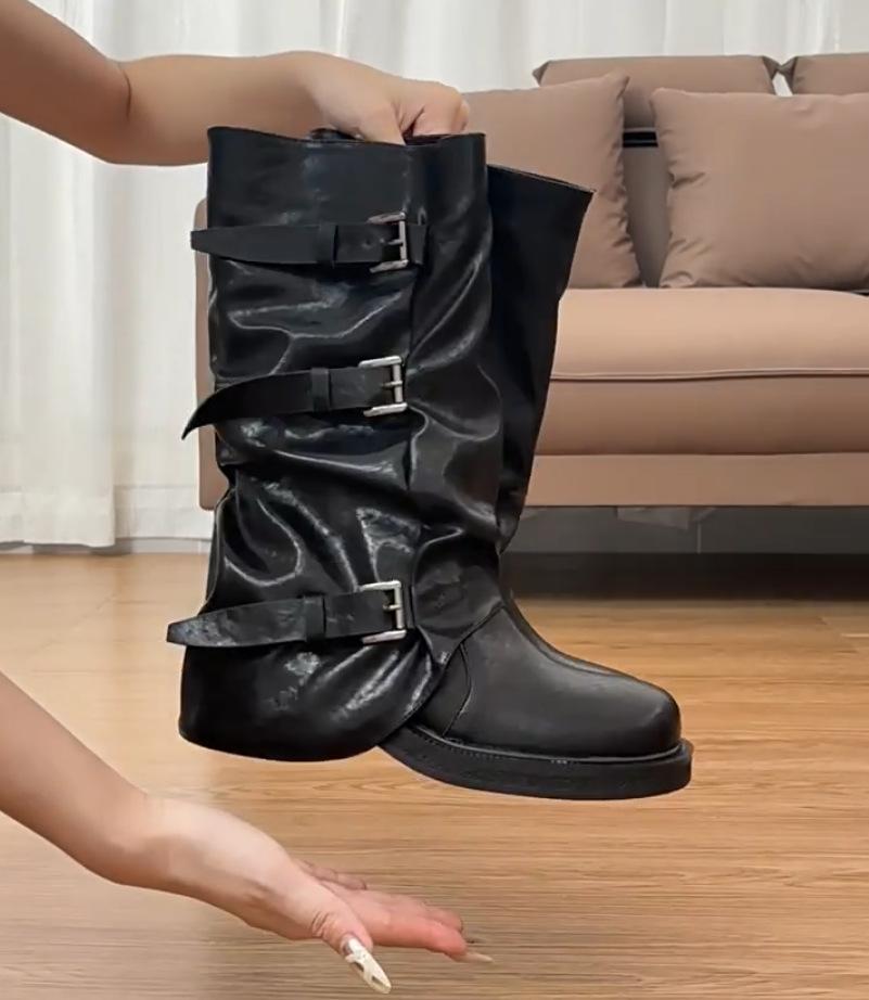 

Cowhide version Wasteland wind Maillard summer boots women s Xinjiang thick-soled trouser tube boots women s pleated short tube stacking boots 35