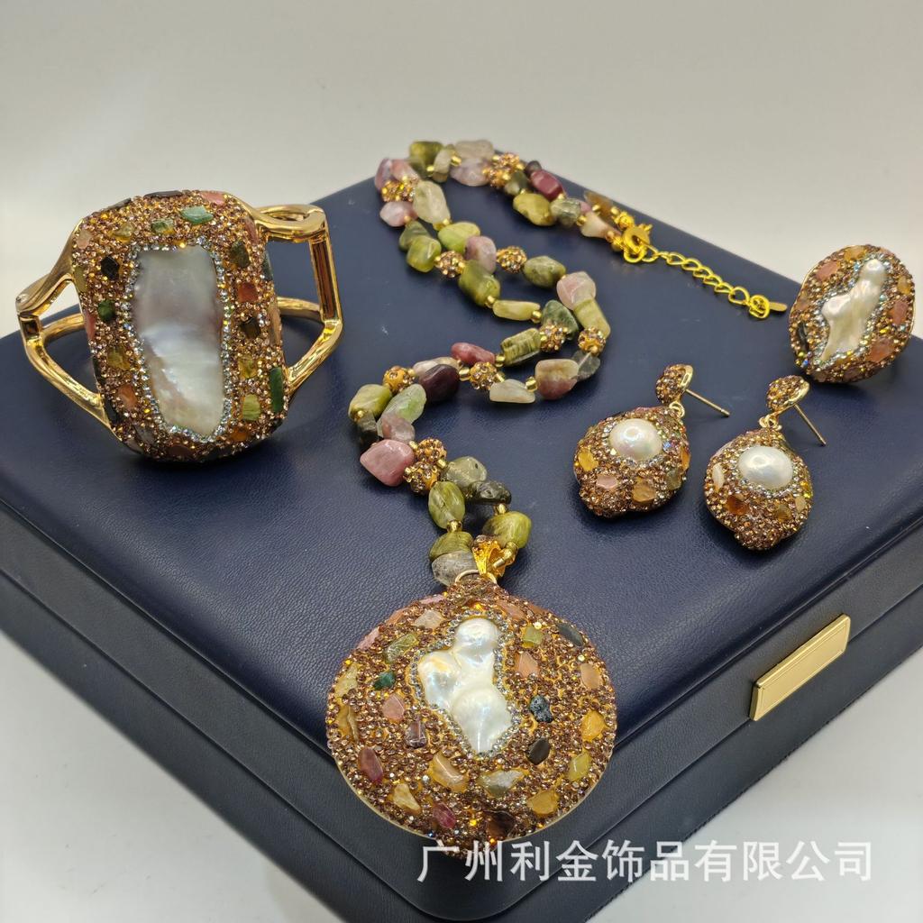 Natural Baroque freshwater pearl tourmaline inlaid four piece set, personalized medieval necklace, niche accessory