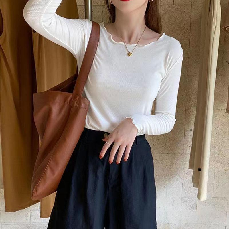 Dámské základní modely dřevěných uší triko s kulatým výstřihem a dlouhým rukávem Uvnitř topů Spodní košile
