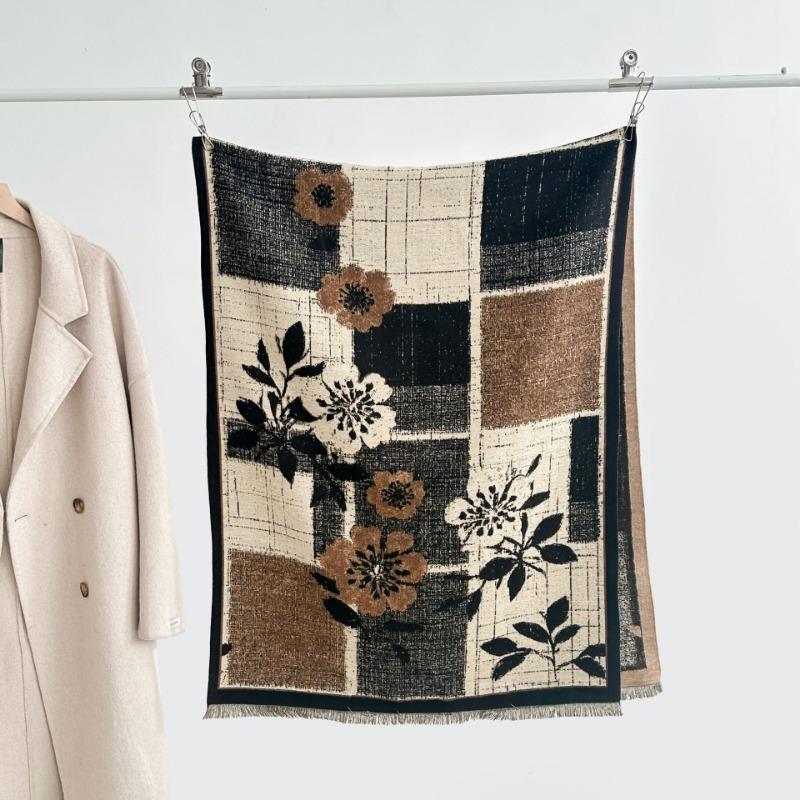 

Autumn and winter new retro color matching flower imitation cashmere fringed scarf women s atmosphere thickened warm shawl 185x65cm
