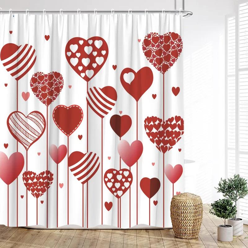 Red Rose Shower Curtains Romantic Blooming Floral Butterfly Valentine's Day Bathroom Decor Polyester Bath Curtain with Hooks