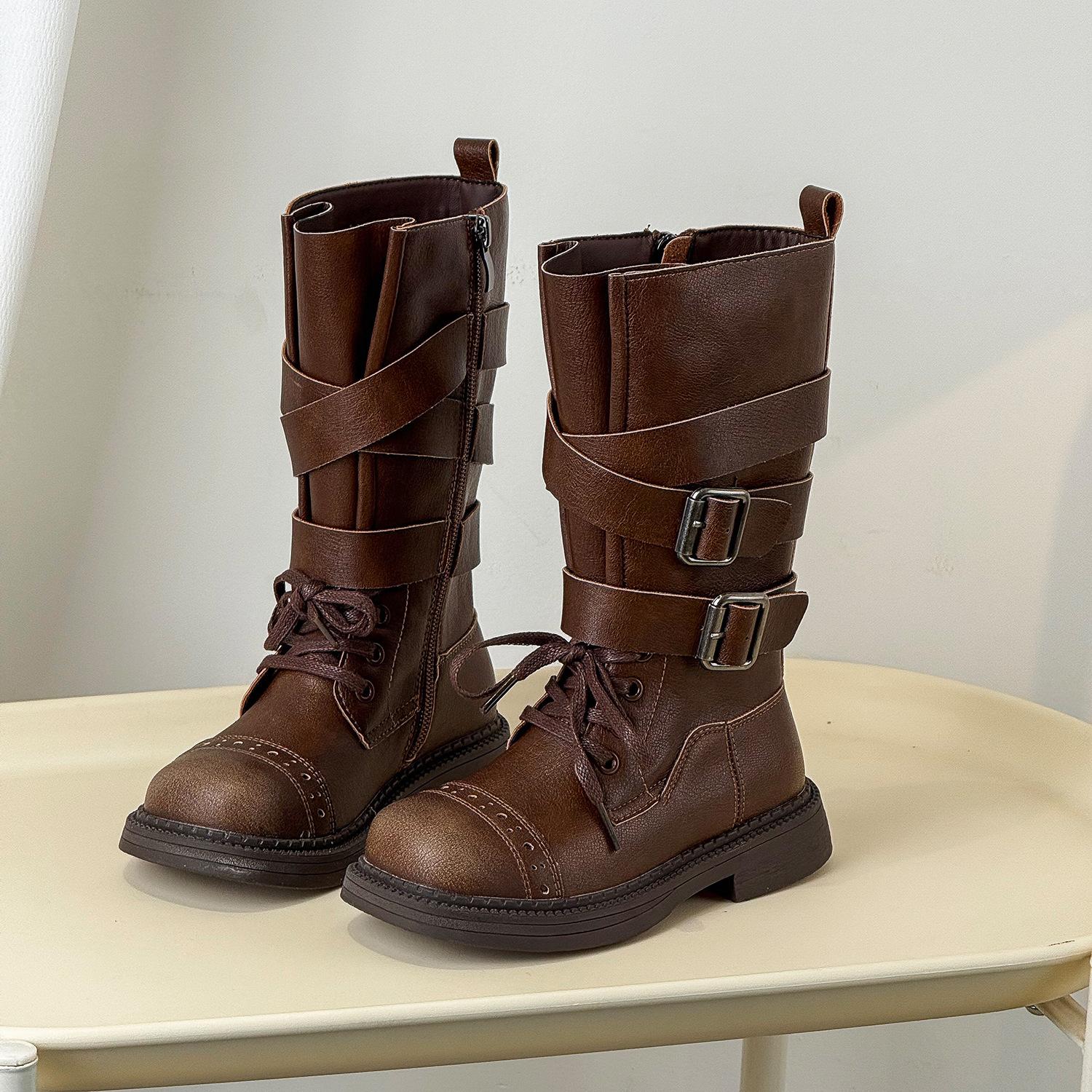 

2025 autumn new children s high boots British handsome belt buckle medium tube Martin boots foreign girls single boots size 26-30, starting with 5 pairs of whole hands.