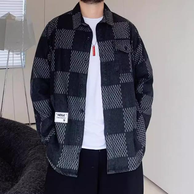 Checkerboard Pattern Plus Size Men's Windproof Warm Jacket Fashionable Versatile Casual Sports Lightweight Jacket Denim Jacket