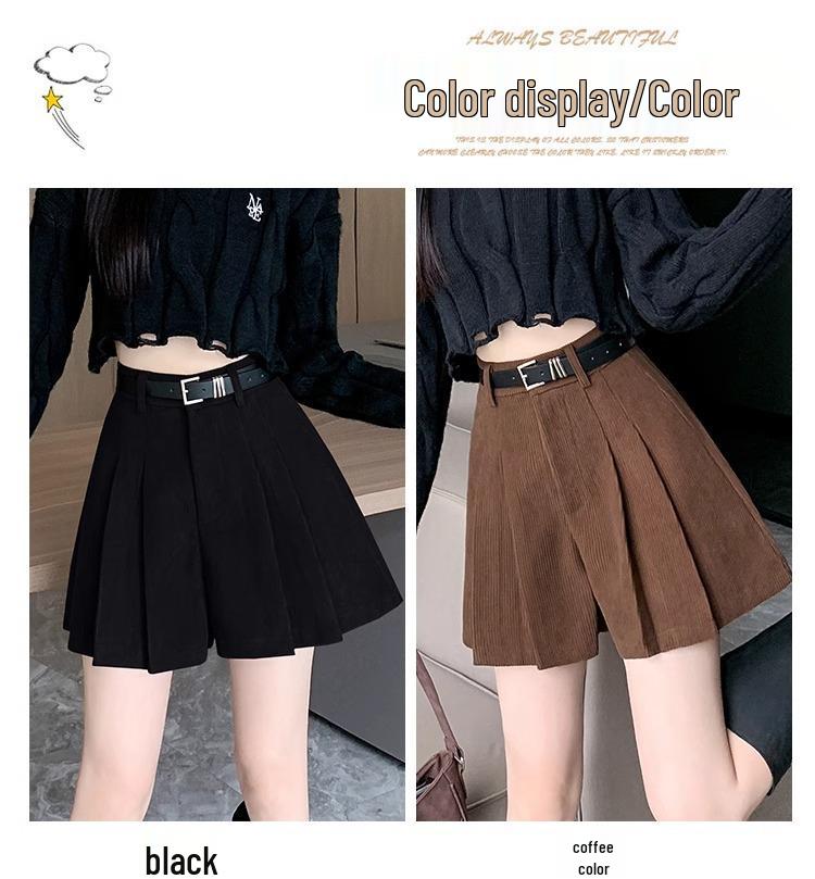 Women's High-Waist Corduroy Pleated Shorts, Coffee Color, Slimming Wide-Leg, Autumn/Winter 2025, Petite Fit.