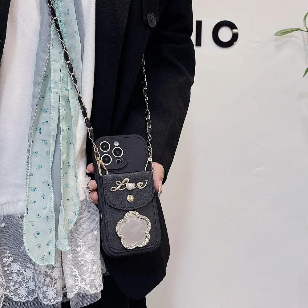 Umhängetasche Spiegel Geldbörse Kartenhalter Leder Handyhülle für IPhone 16 Pro Max 15 14 Plus 13 12 11 XS XR X 7 8 Schutzhülle