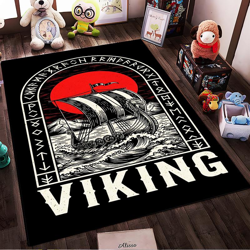 Viking Ship with Red Sun Design Non-slip Rug Suitable for Living Room and Bedroom Sofas