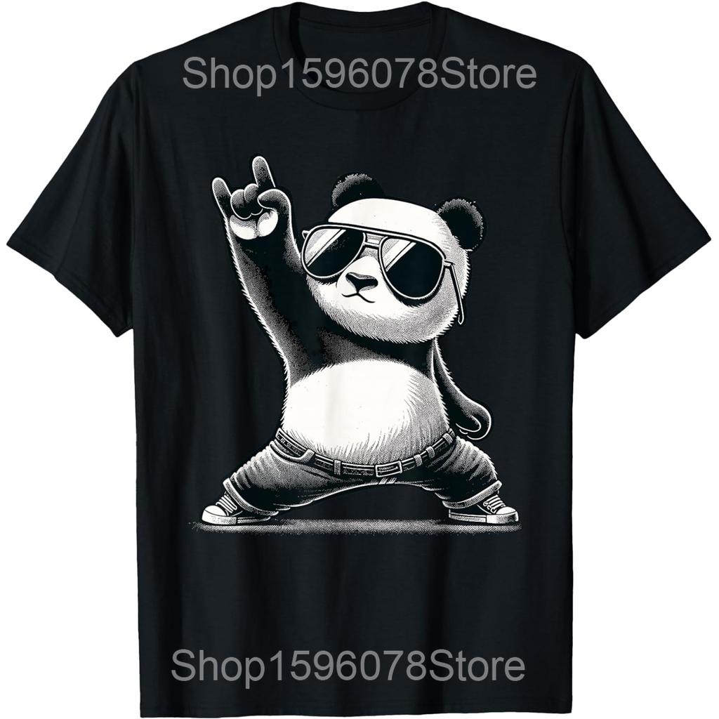 Retro Panda Rock Music Funny Panda T Shirts Men Cotton Humor Streetwear Tee Shirt Short Sleeve Unisex Loose Clothing