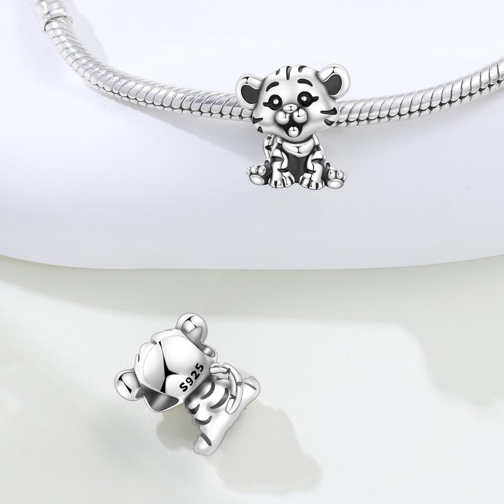 925 Silver Little Tiger Animal Guardian Pendants Bracelet Charms Fit Jewelry Party Beads DIY Fine Gifts