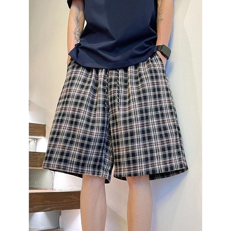 American contrasting plaid shorts men's summer relaxed plaid sports pants loose casual beach five-point pants