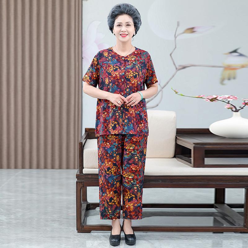 Grandma's Summer Short Sleeve Pajama Set for Middle-Aged & Elderly Women