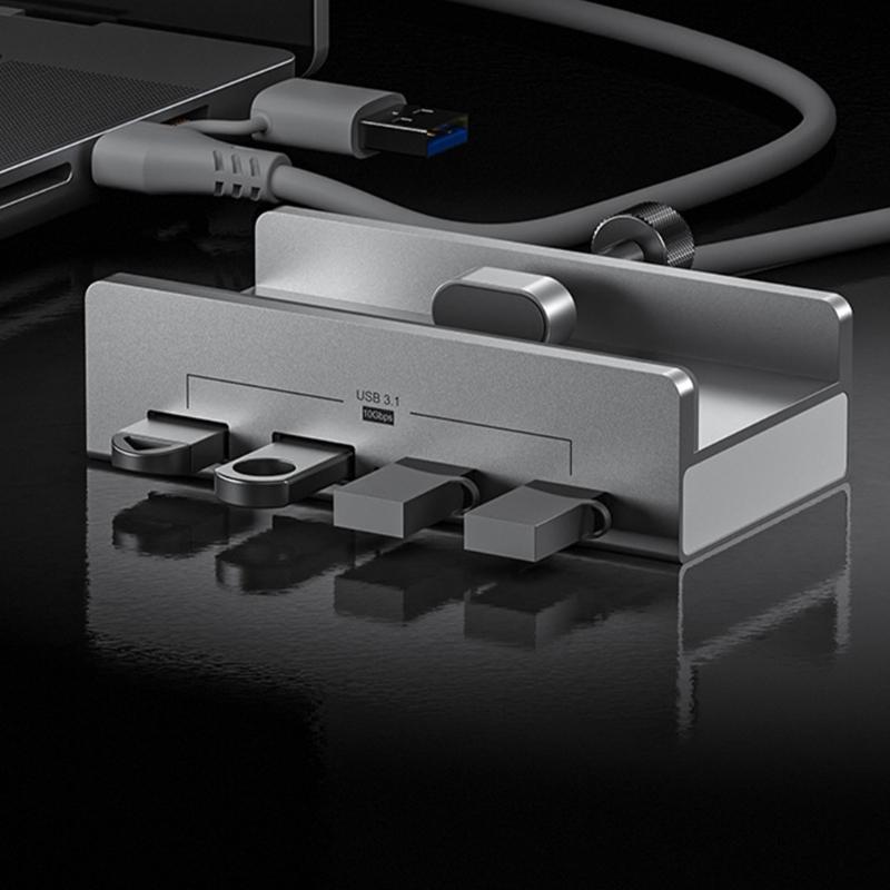 10Gbps USB C USB Hub 4 Ports Aluminum USB 3.1 Docking Hub Clamp for Desk Computer with 5V 2A Extra Power Supply Port