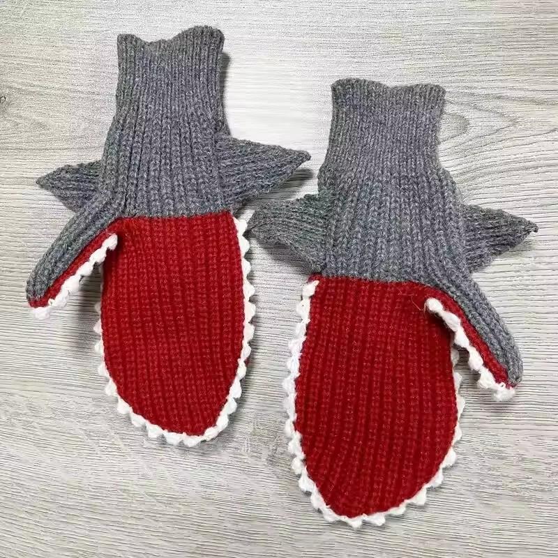 Autumn and Winter Shark Knitted Gloves for Unisex Cartoon Animal Christmas Outfit Finger Gloves High Elasticity Cold Resistance