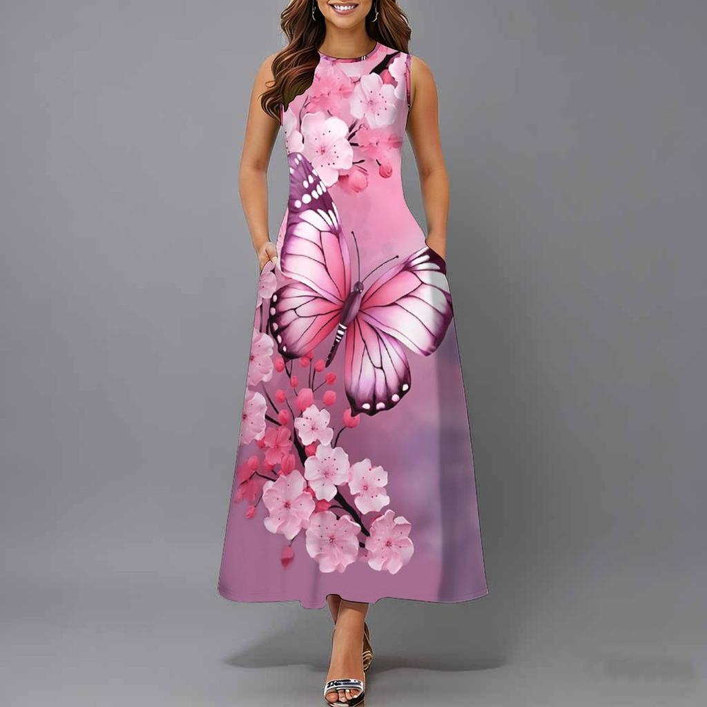 Women Plus Size Sleeveless Round Neck Dress Graceful Climbing Floral Vines Flowy Mid Calf Gown