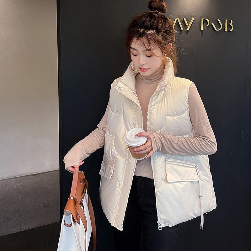 

Bright Vest Women Loose Autumn and Winter New Thick Wave Seam Vest Stand Collar Cold Vest Coat. M бежевый